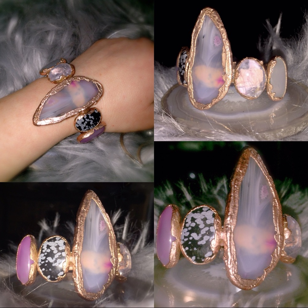 Pink & Grey geode slice gemstone copper cuff